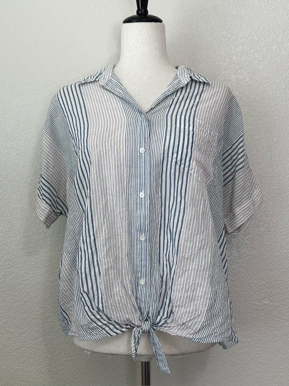 Madewell Blue Red Striped Short Sleeves Front-Tie Button Down Shirt, Sz Medium